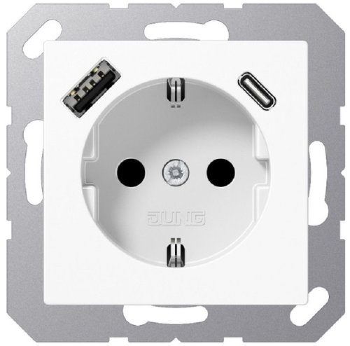 Розетка с заземлением +2хUSB тип A+C без рамки Jung EcoProfi 1-м. белый фото Розетка с заземлением +2хUSB тип A+C без рамки Jung EcoProfi 1-м. белый картинка